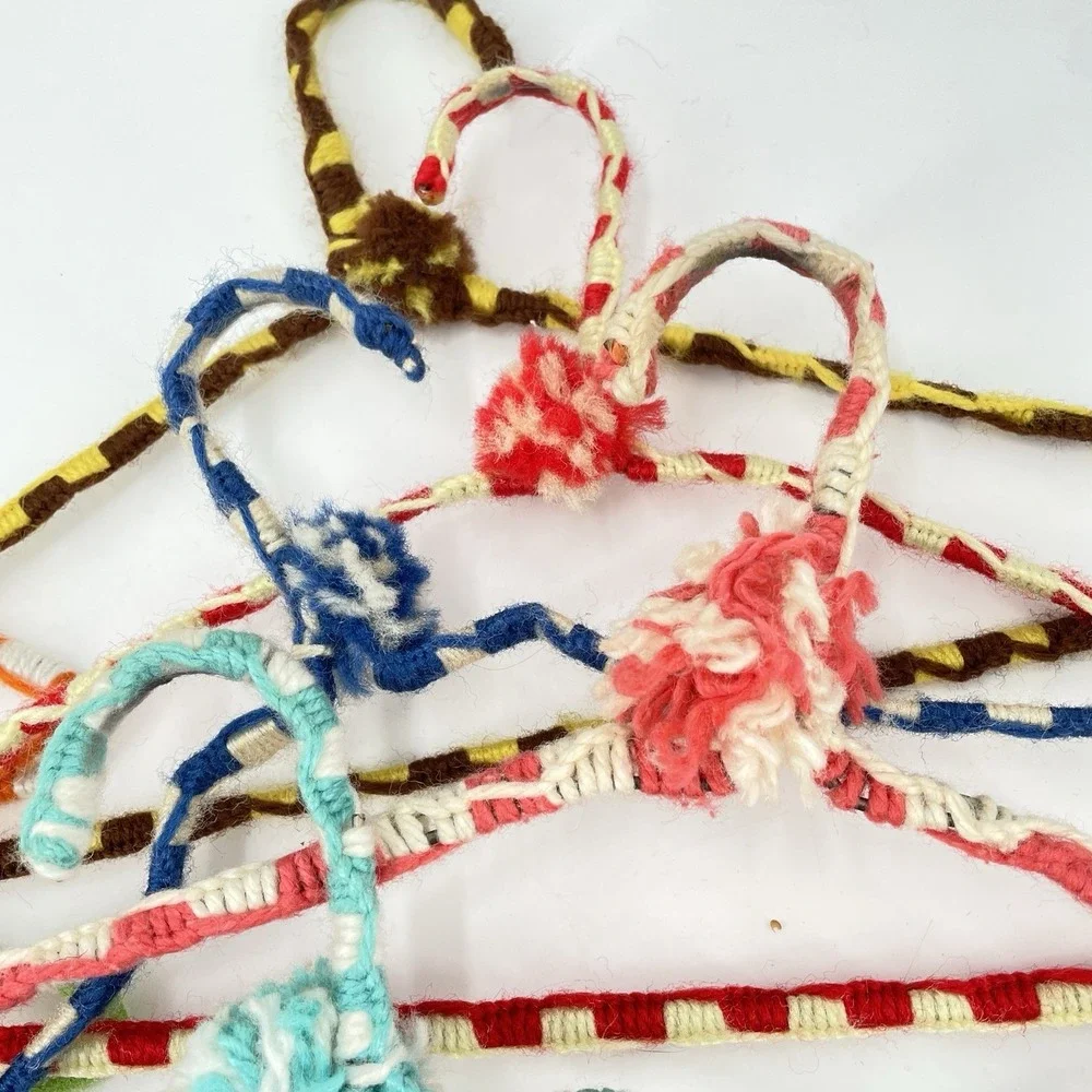 Vtg Crochet Yarn Covered Hangers Pom Pom Sturdy Double Wire Anti Slip Boho